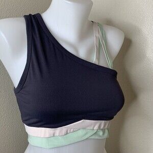 Fabletics Sports Bra Black White Blue Strappy Or One Shoulder Size Small